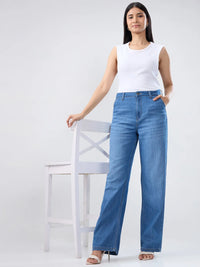 Women Jeans Straight Fit Mid Blue High Rise