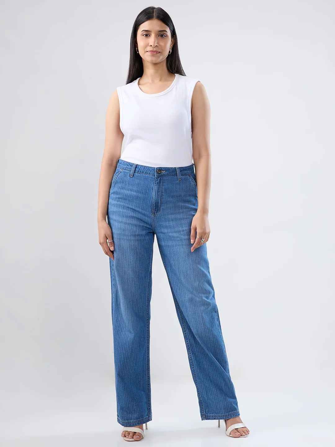 Women Jeans Straight Fit Mid Blue High Rise