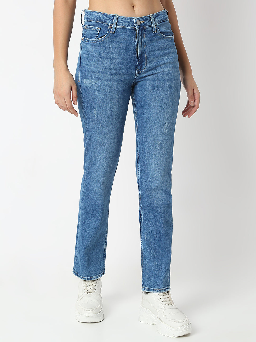 Spykar Mid Blue Slim Straight Mid Rise Jeans For Women