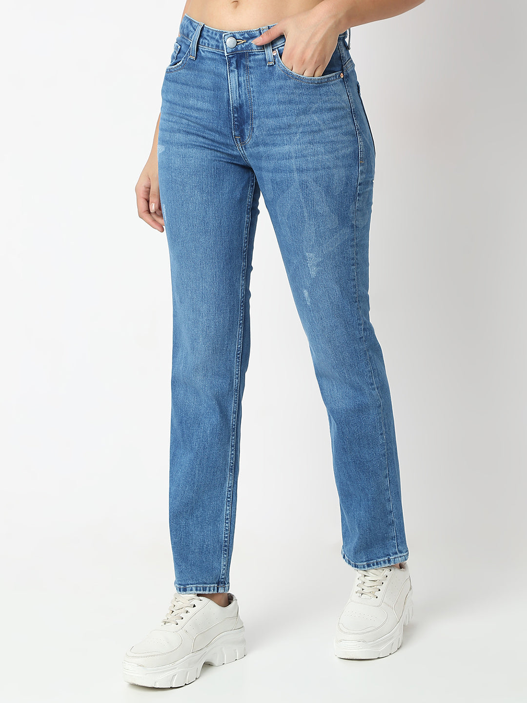 Spykar Mid Blue Slim Straight Mid Rise Jeans For Women