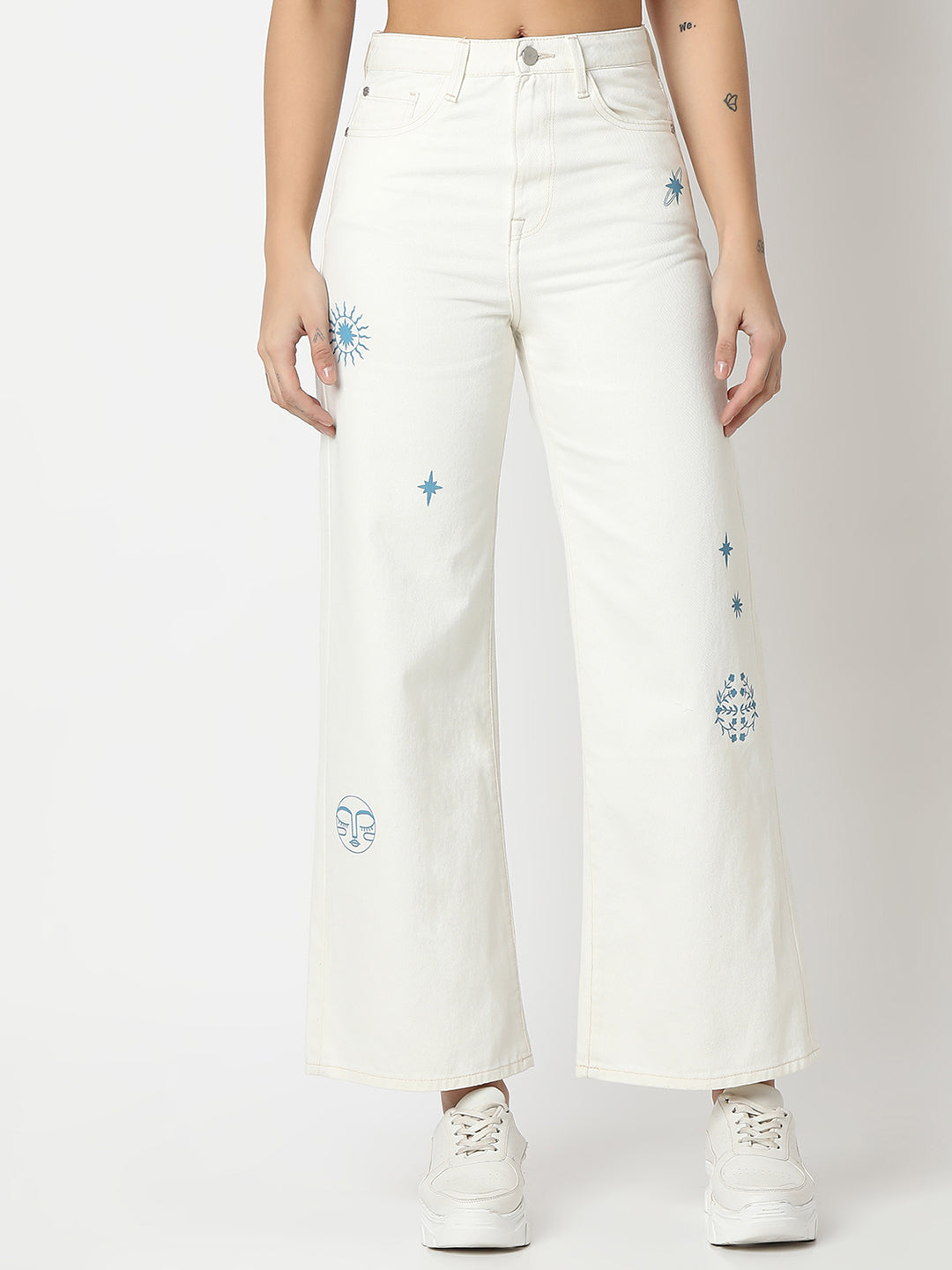 Spykar Off White Wide Leg High Rise Jeans For Women