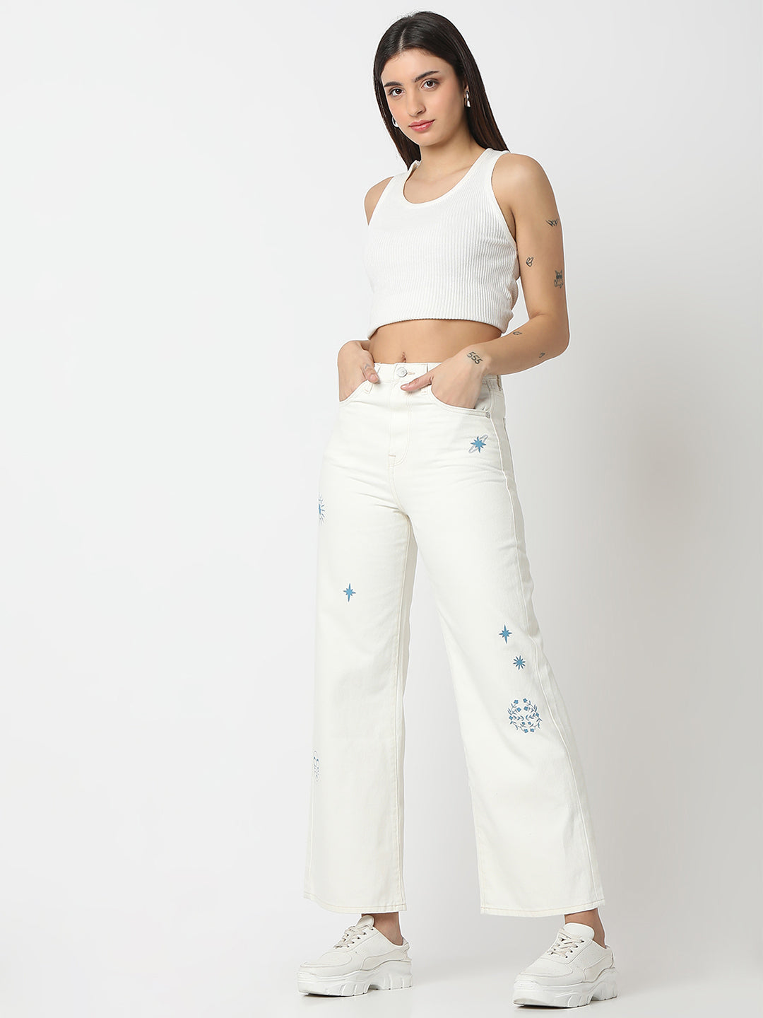 Spykar Off White Wide Leg High Rise Jeans For Women