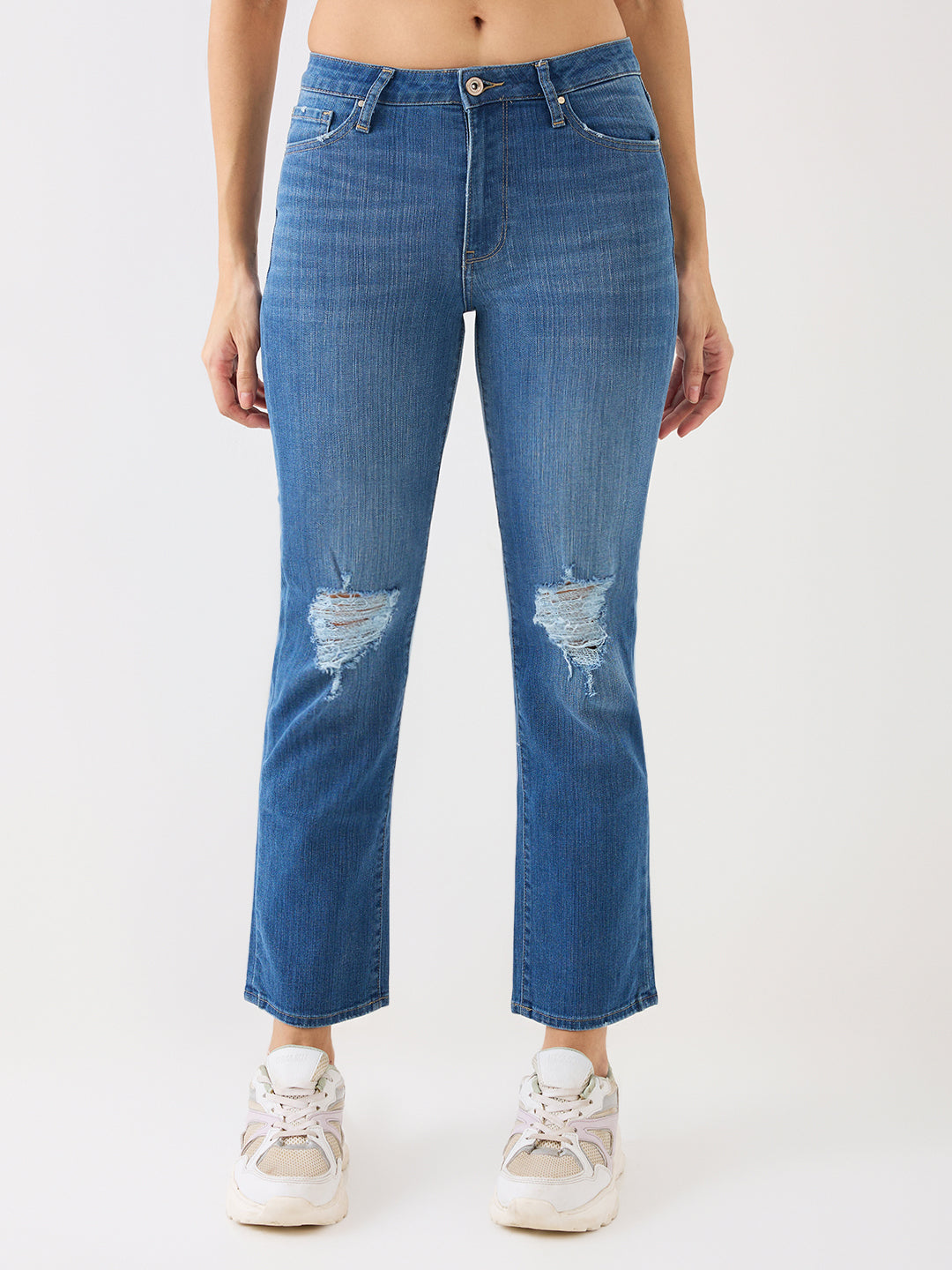 Spykar Mid Blue High Rise Wide Leg Casual Jeans For Women