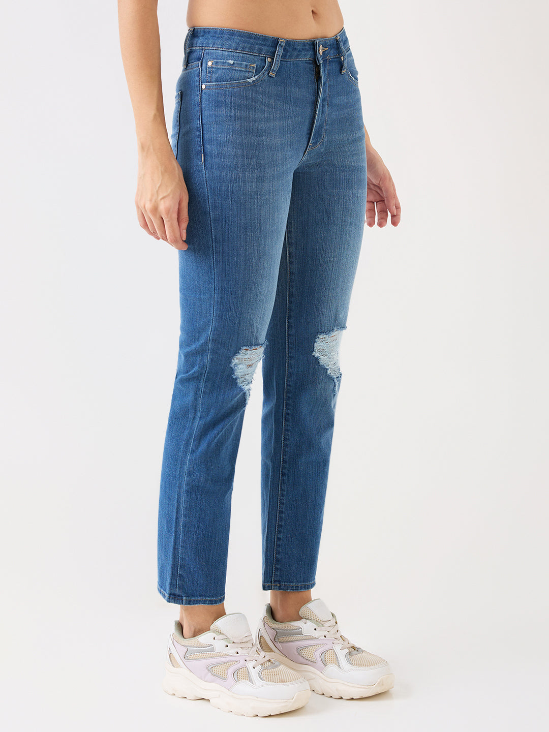Spykar Mid Blue High Rise Wide Leg Casual Jeans For Women