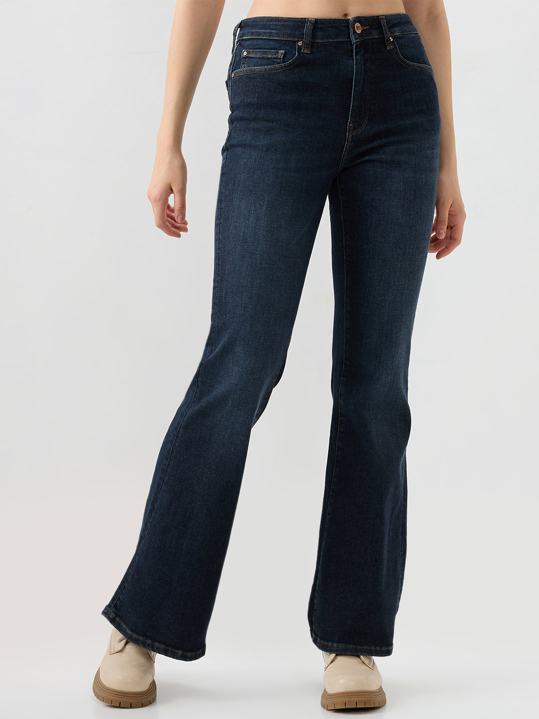 Women Jeans Flare Leg Blue Mid Rise
