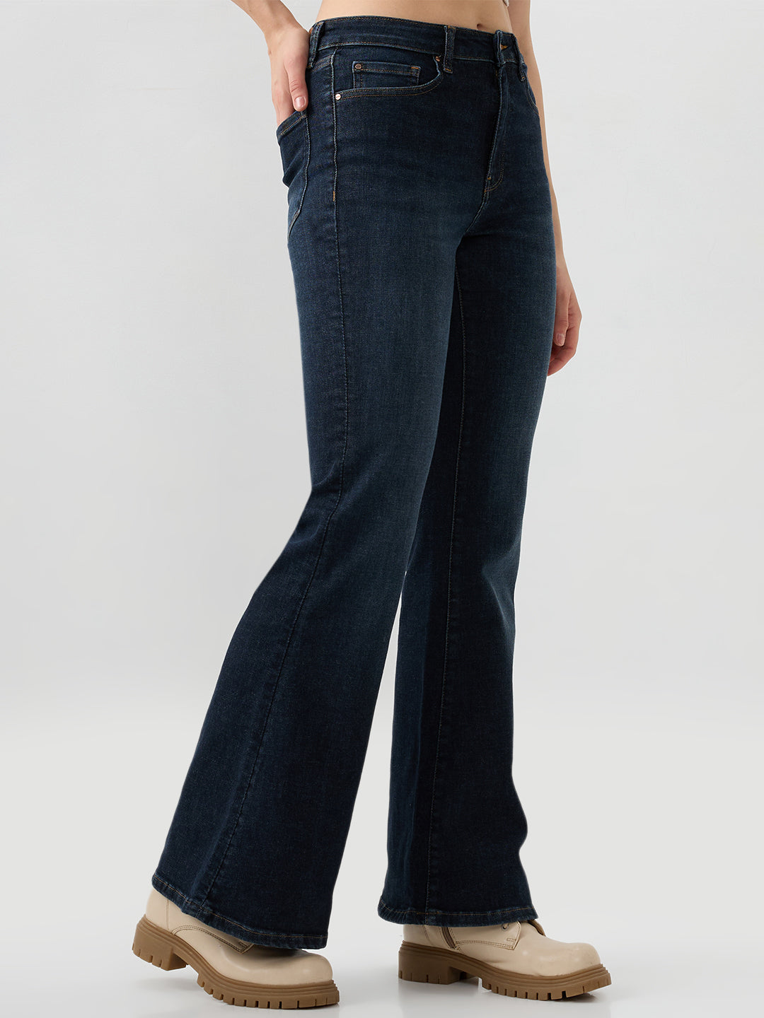Women Jeans Flare Leg Blue Mid Rise