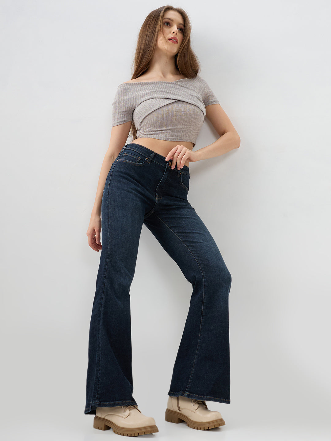 Women Flare Fit Jeans Flare Leg Blue Mid Rise