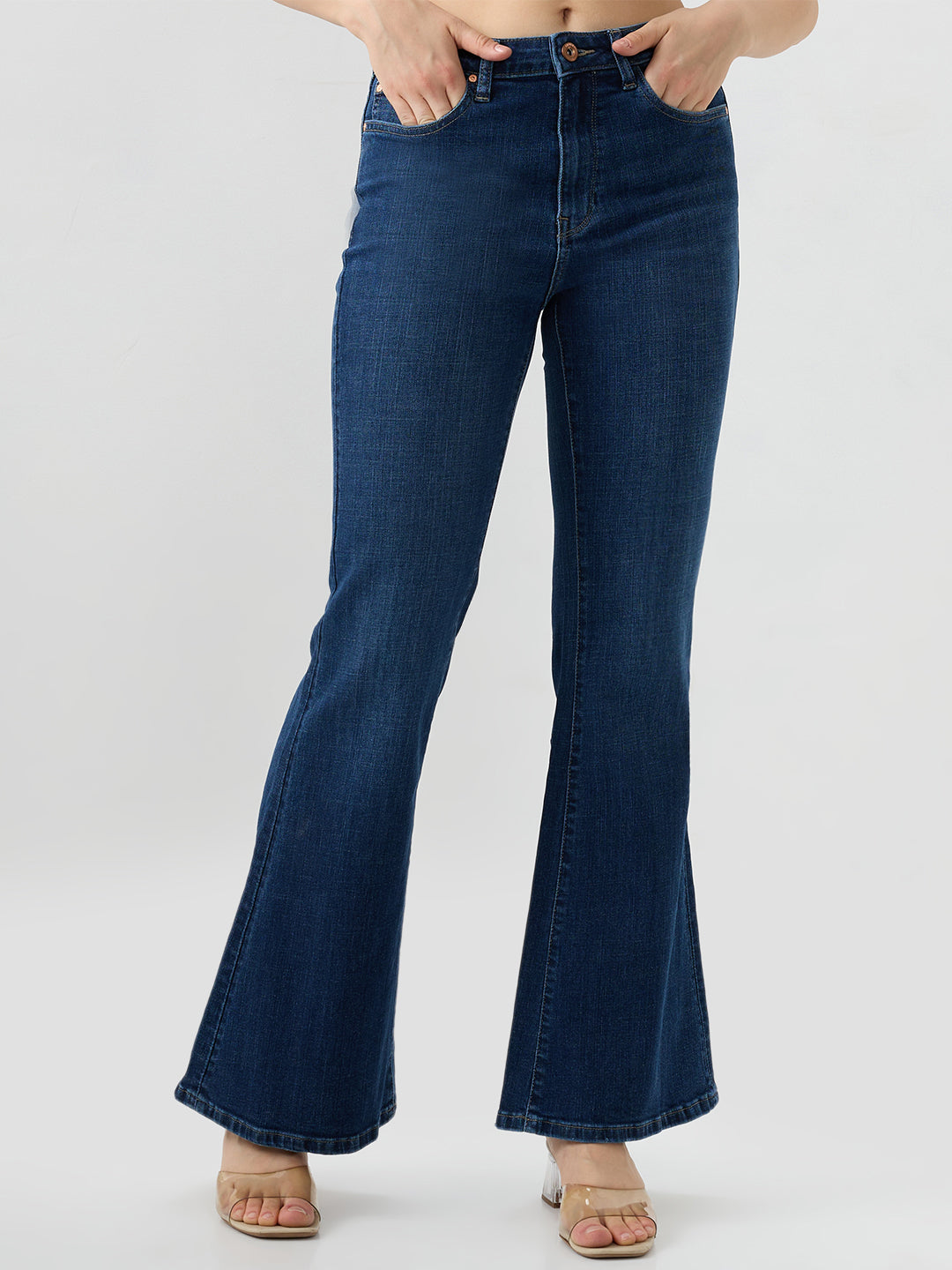 Women Jeans Flare Leg Blue Mid Rise