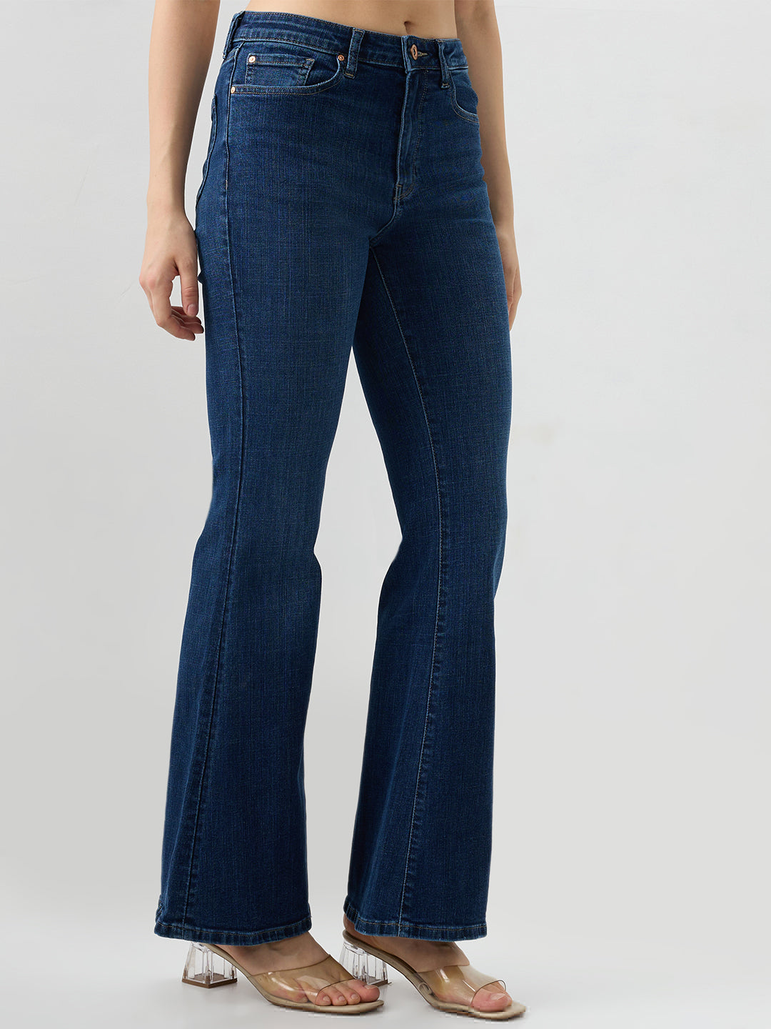 Spykar Dark Blue Flare Leg Mid Rise Jeans For Women