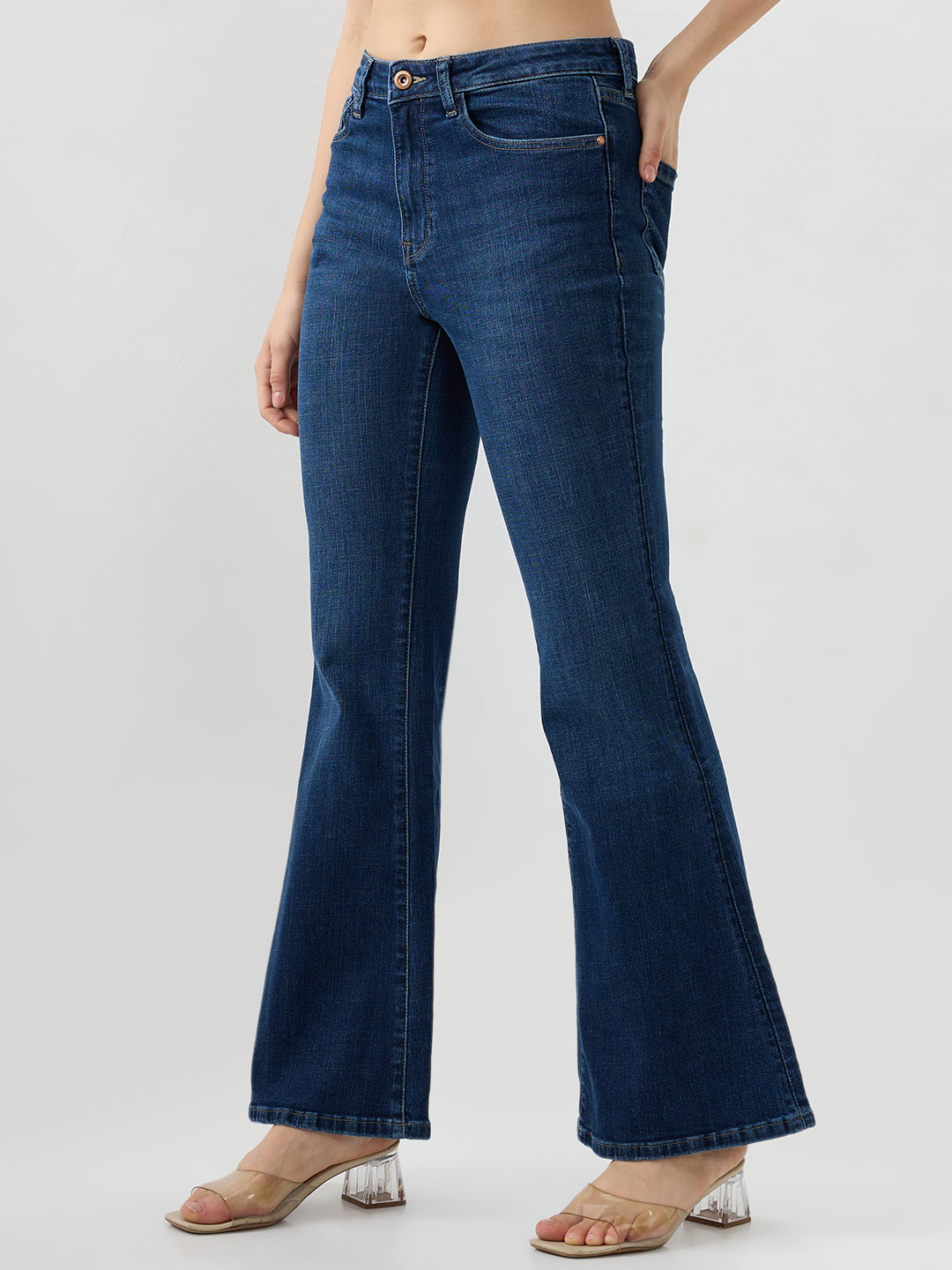 Women Flare Fit Jeans Flare Leg Blue Mid Rise