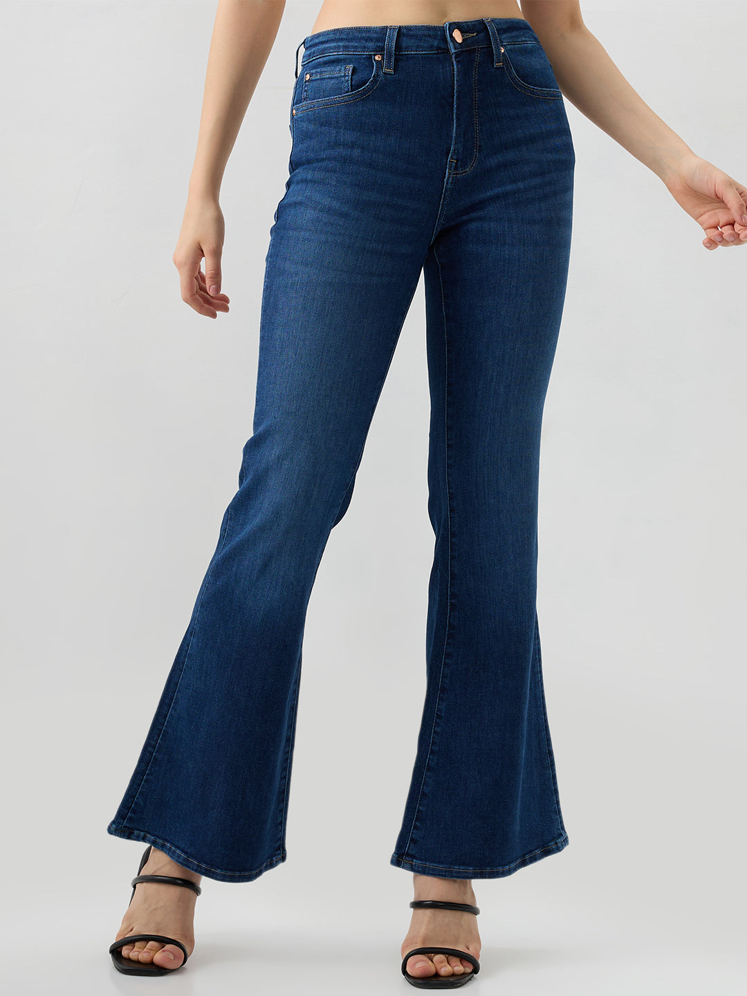 Spykar Mid Blue Flare Leg Mid Rise Jeans For Women
