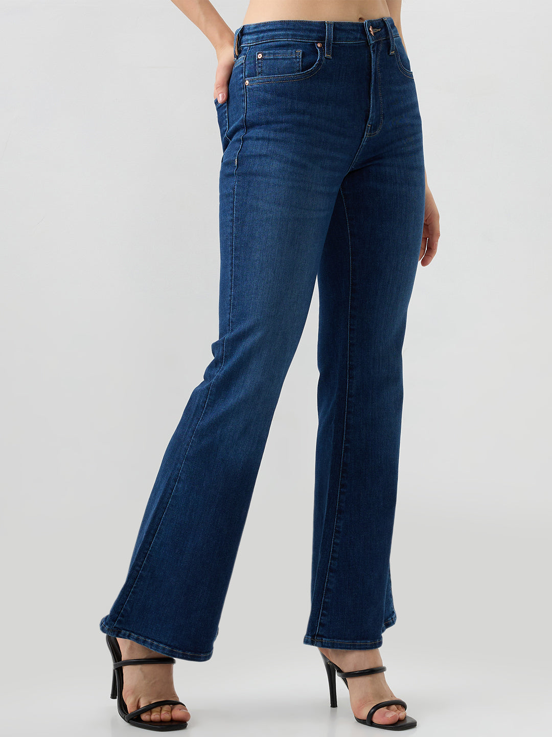 Women Jeans Flare Leg Blue Mid Rise