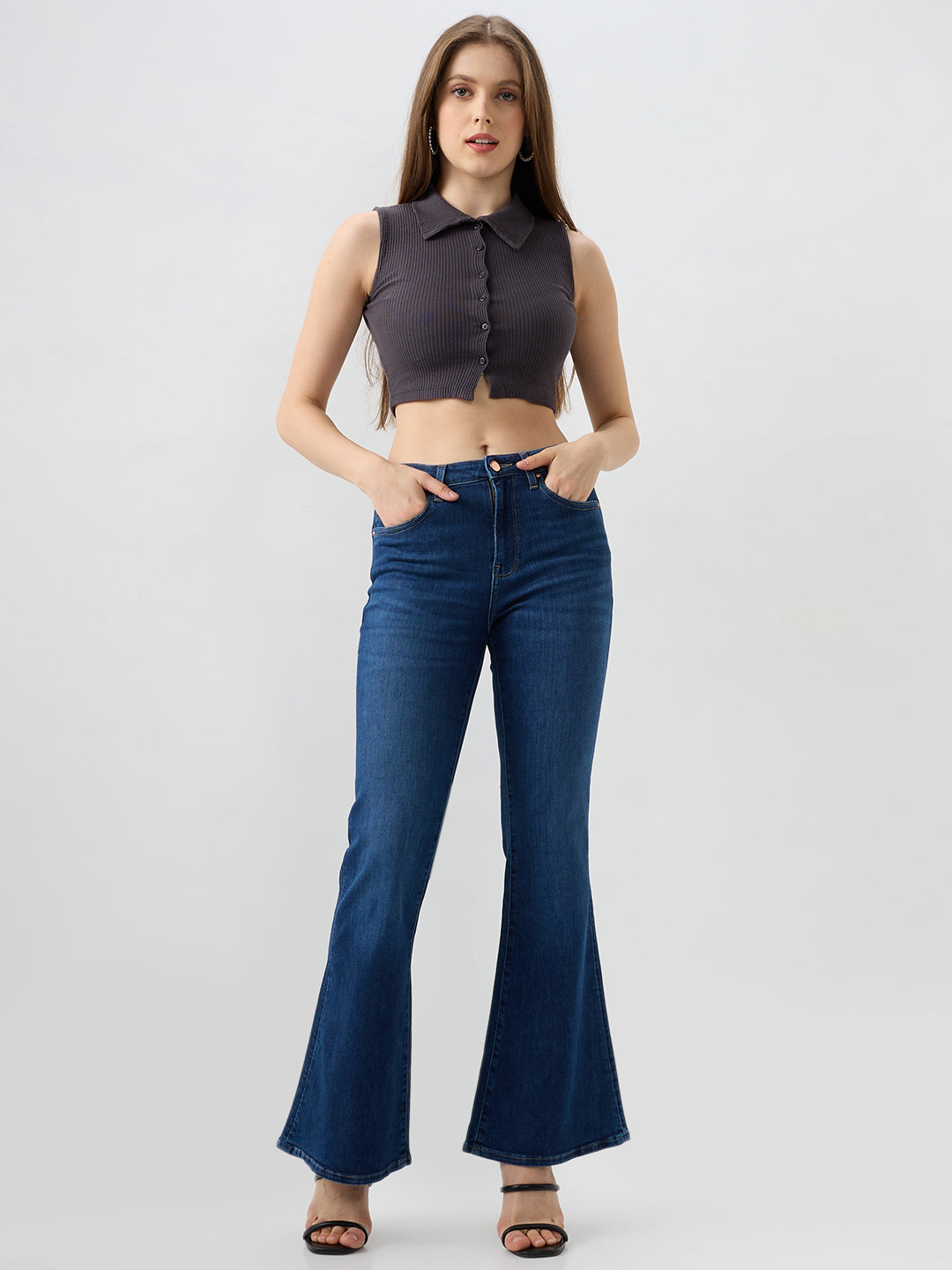 Women Flare Fit Jeans Flare Leg Blue Mid Rise