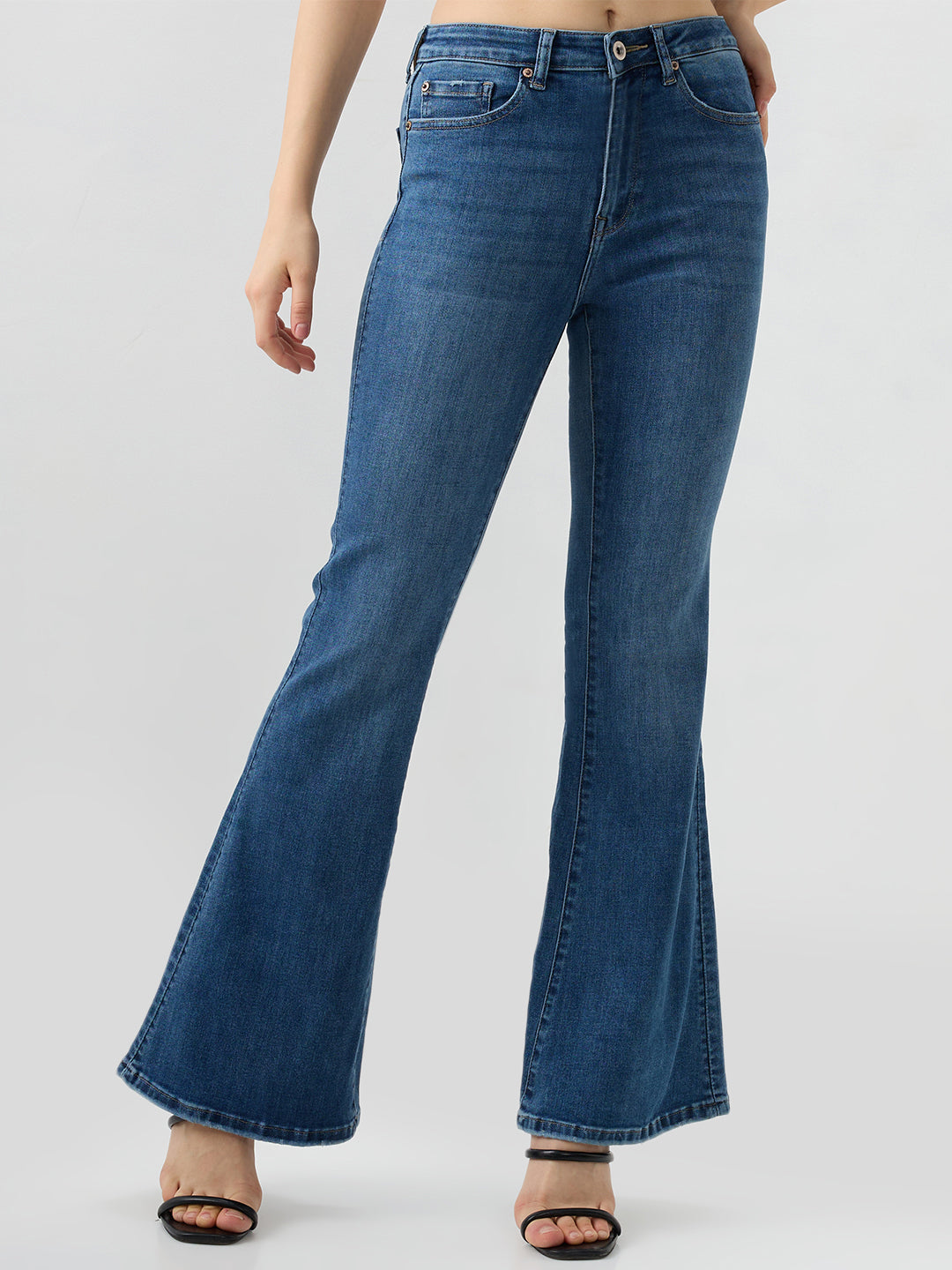 Women Jeans Flare Leg Blue Mid Rise