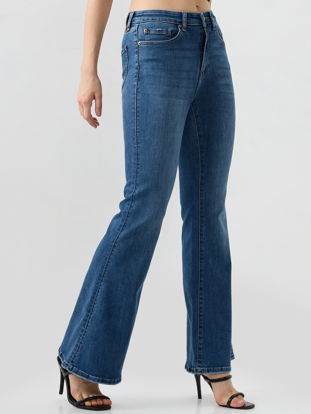 Spykar Mid Blue Flare Leg Mid Rise Jeans For Women