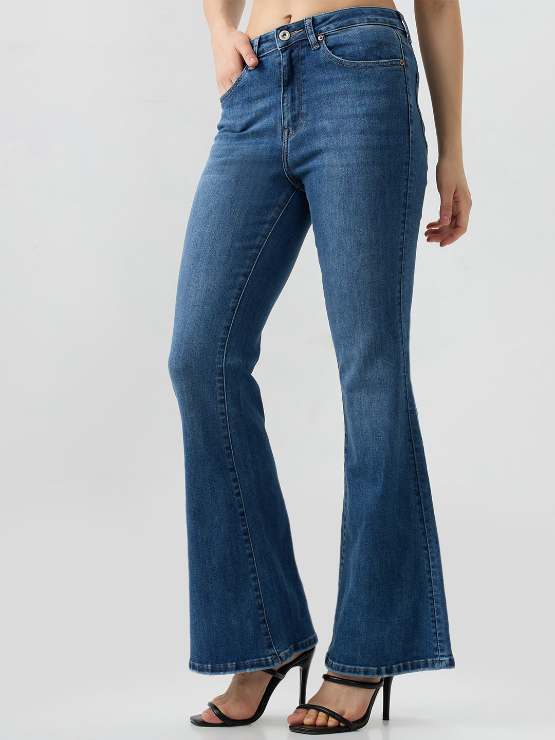 Women Flare Fit Jeans Flare Leg Blue Mid Rise