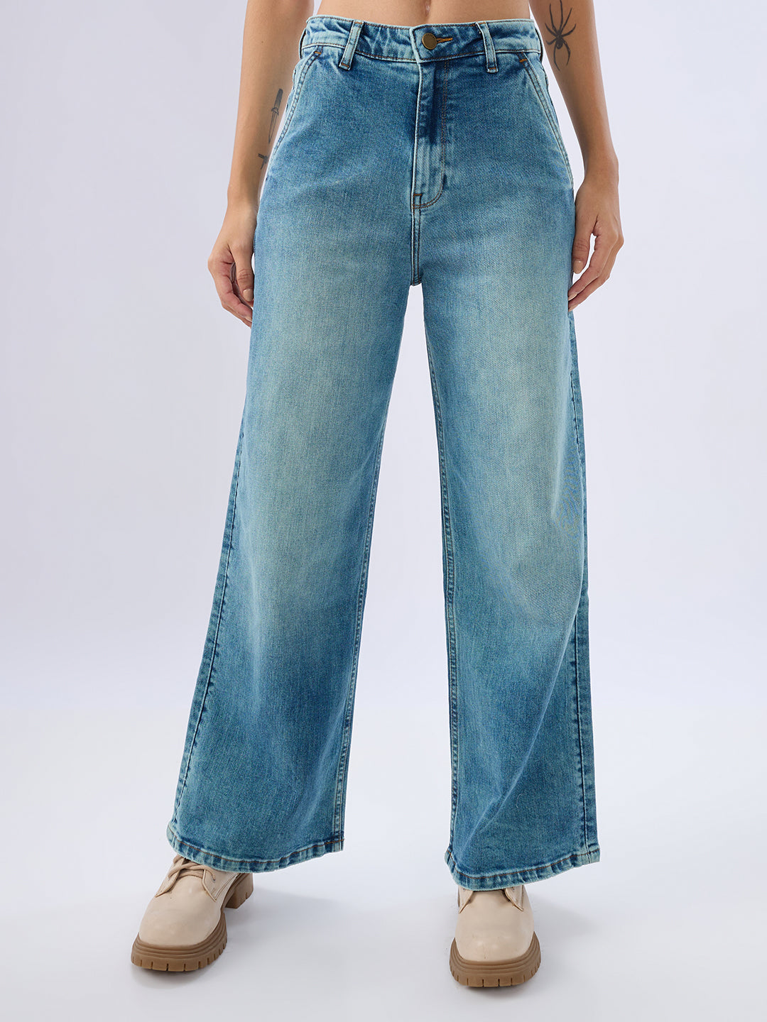 Women Jeans Wide Leg Blue Mid Rise