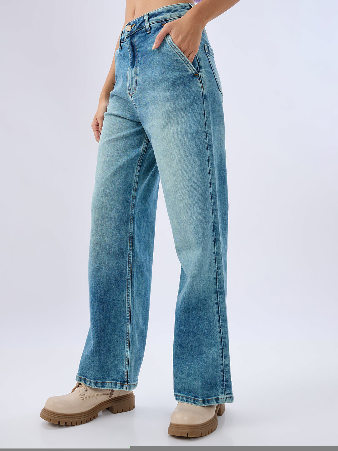 Spykar Vintage Blue Wide Leg Mid Rise Jeans For Women
