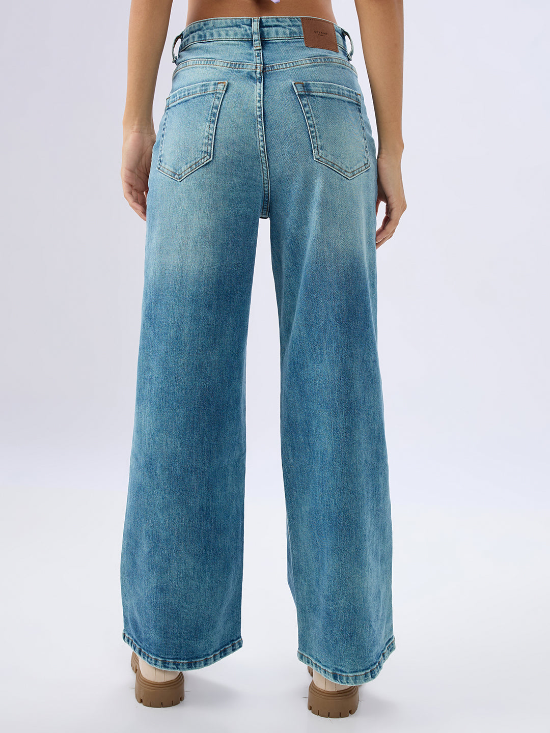 Spykar Vintage Blue Wide Leg Mid Rise Jeans For Women
