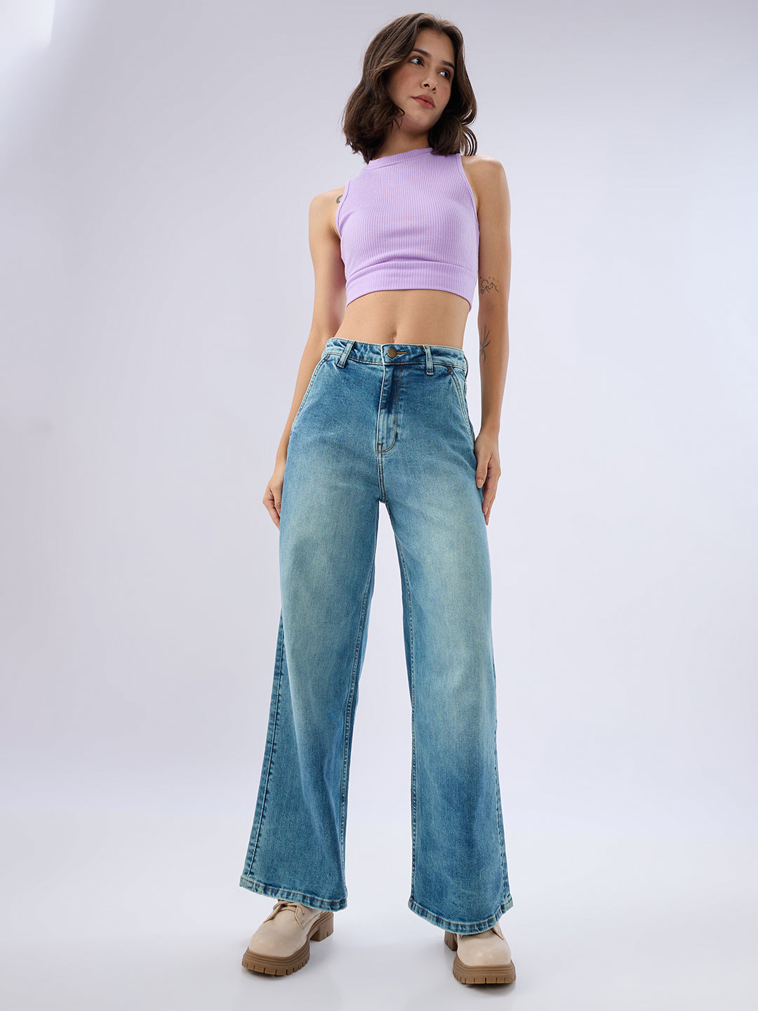 Spykar Vintage Blue Wide Leg Mid Rise Jeans For Women