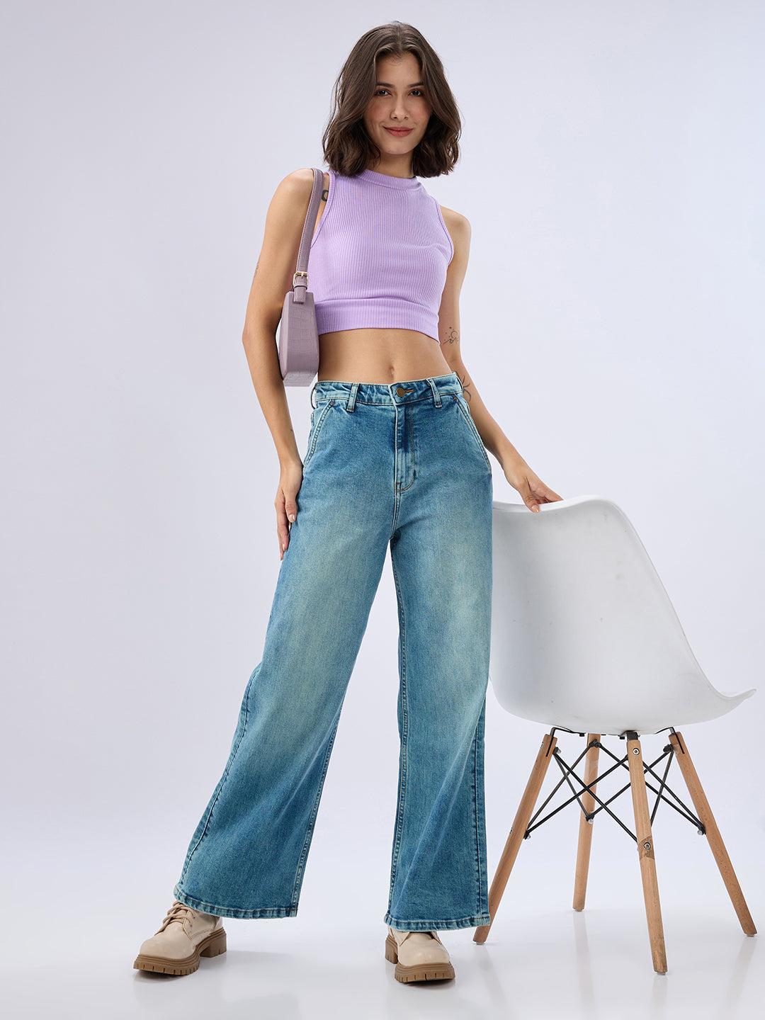 Spykar Vintage Blue Wide Leg Mid Rise Jeans For Women