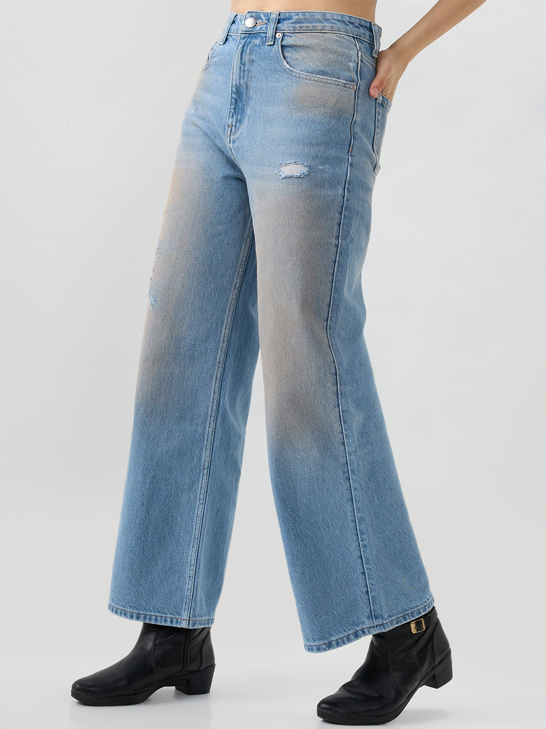 Spykar Light Blue Wide Leg Mid Rise Jeans For Women