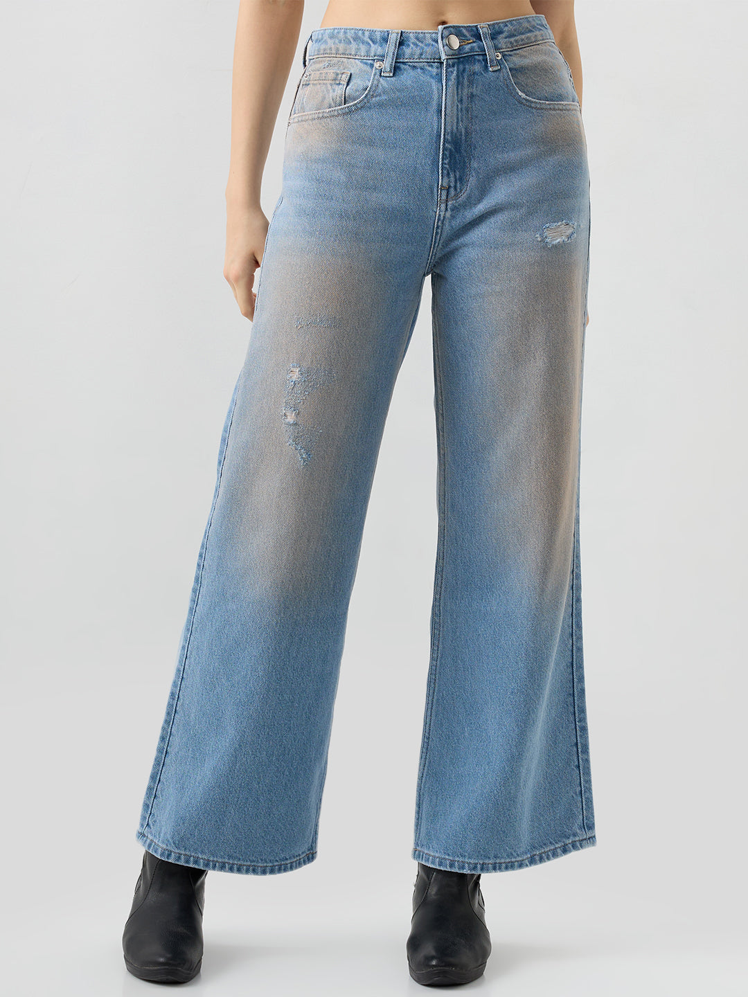 Spykar Light Blue Wide Leg Mid Rise Jeans For Women