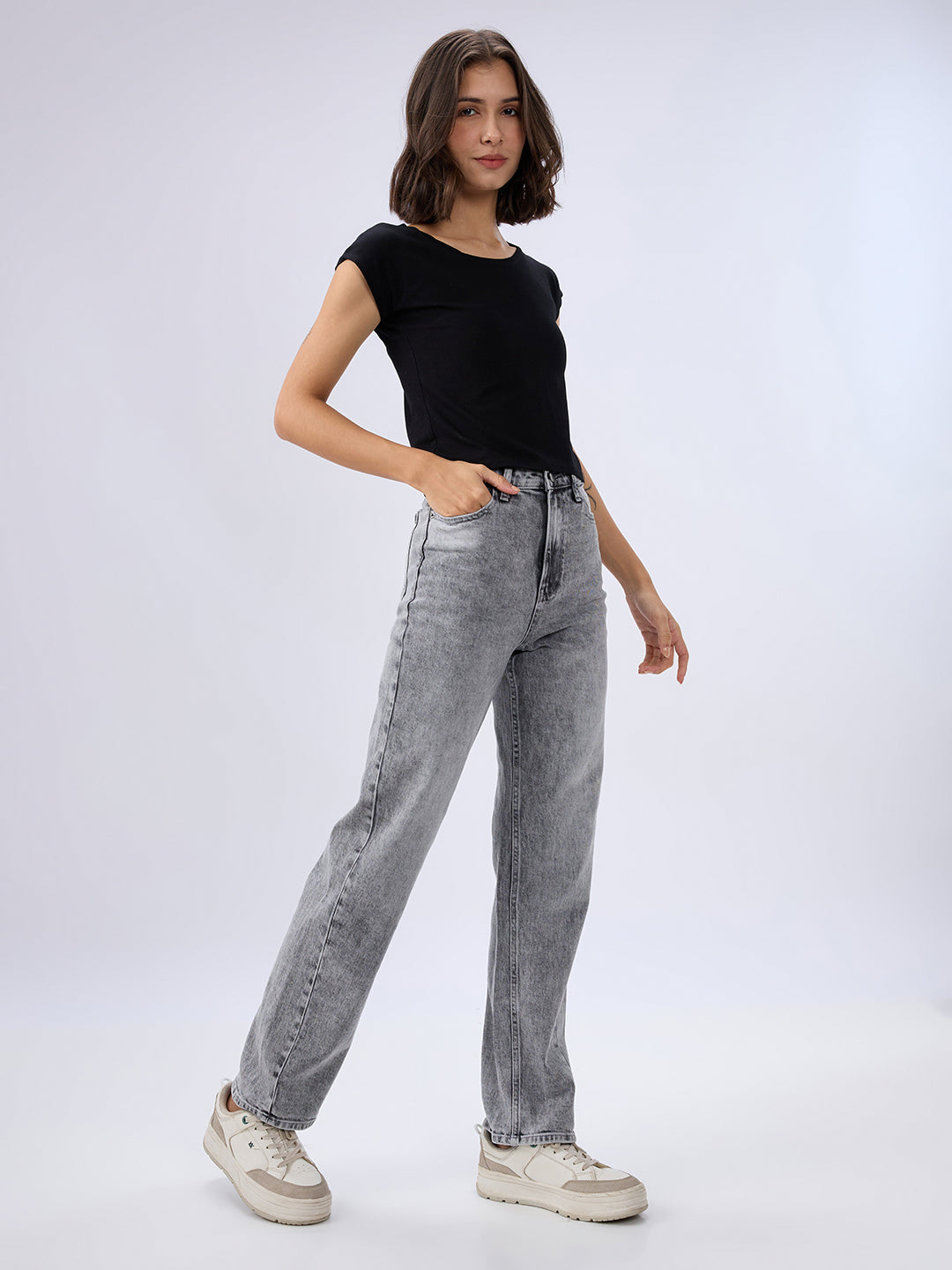 Spykar Light Grey Straight Fit Mid Rise Jeans For Women