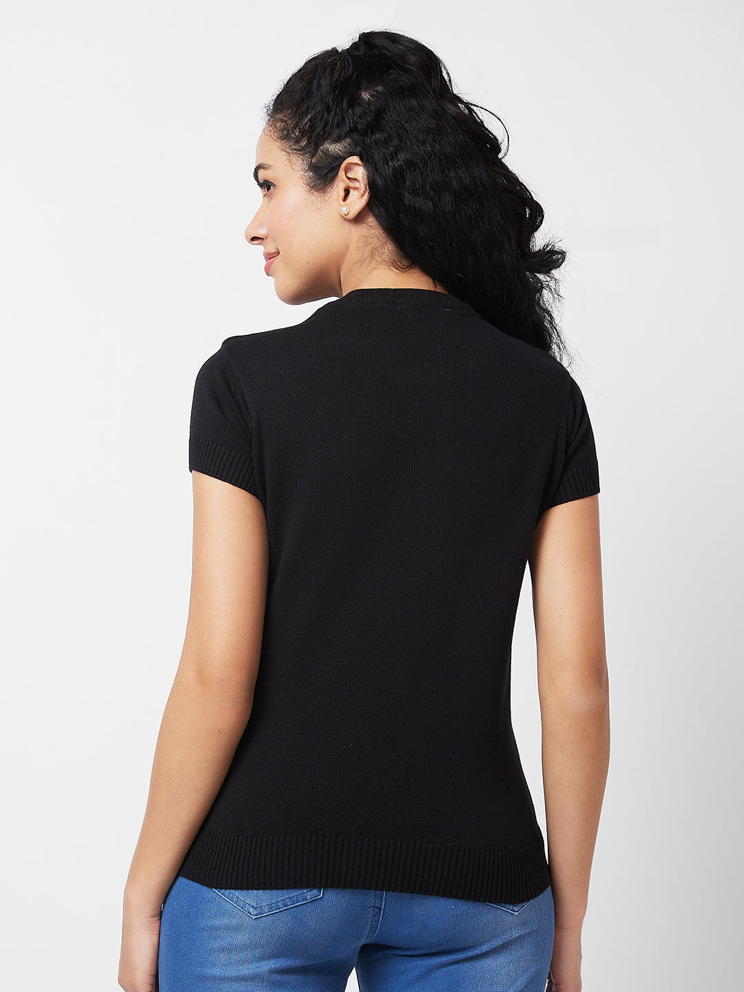 Spykar BLACK ROUND NECK Flat Knit T-shirt For Women