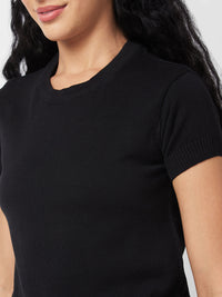 Spykar BLACK ROUND NECK Flat Knit T-shirt For Women