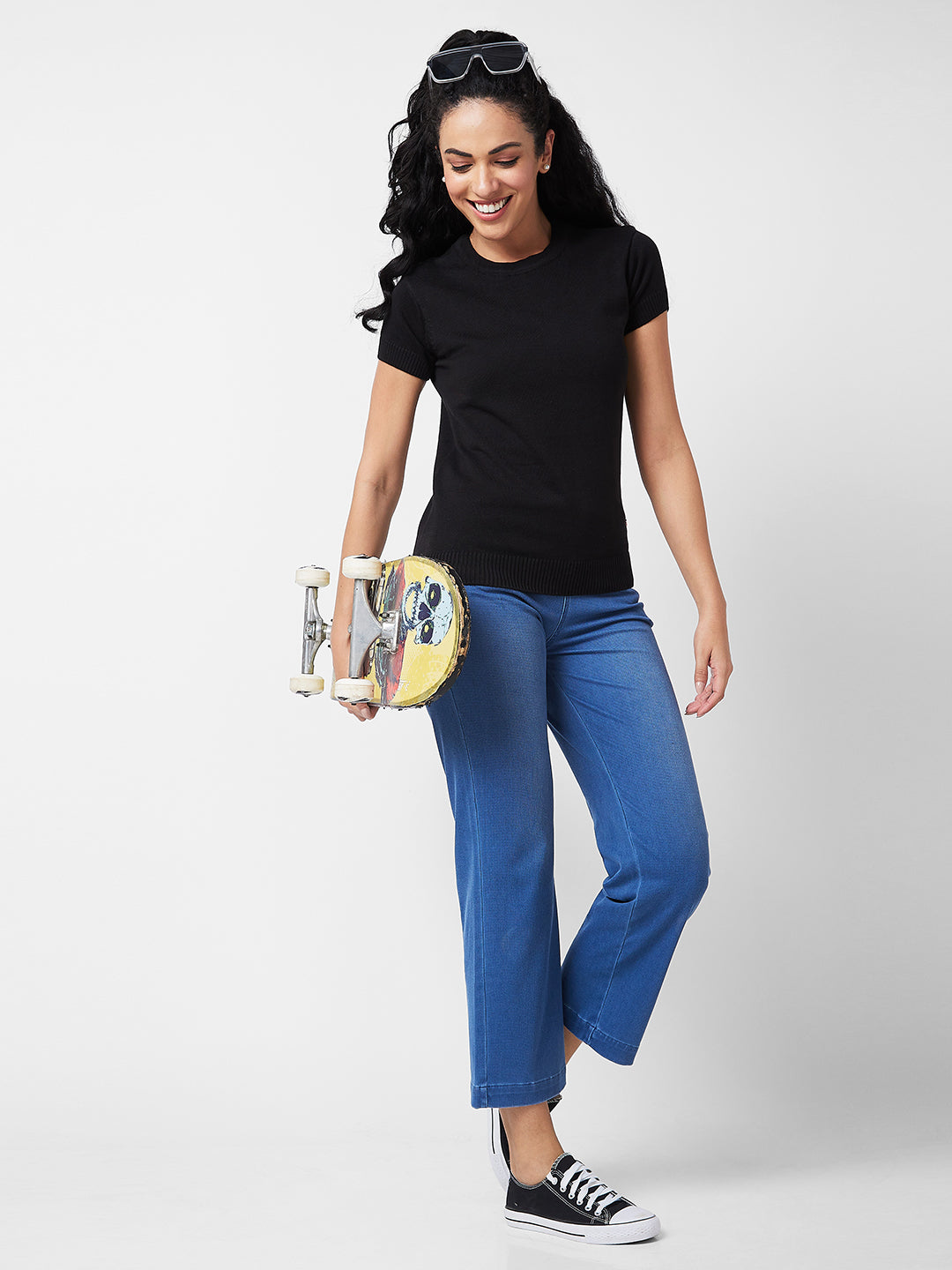 Spykar BLACK ROUND NECK Flat Knit T-shirt For Women