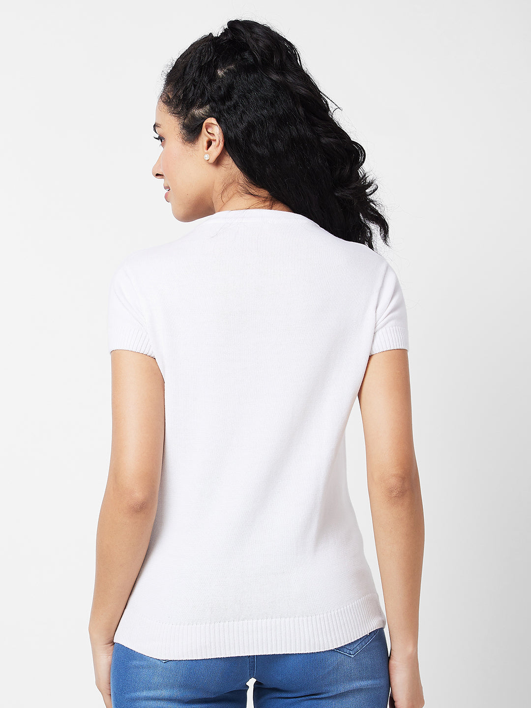 Spykar WHITE ROUND NECK Flat Knit T-shirt For Women