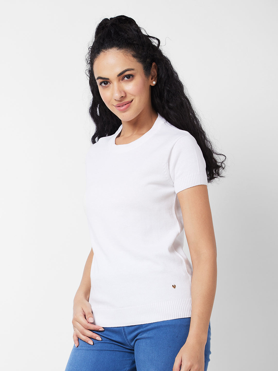 Spykar WHITE ROUND NECK Flat Knit T-shirt For Women