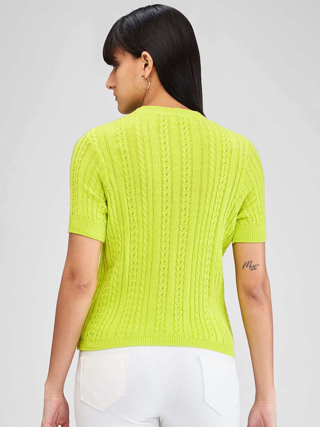 Spykar Yellow Half Sleeves Regular Fit Solid Sweater For Women