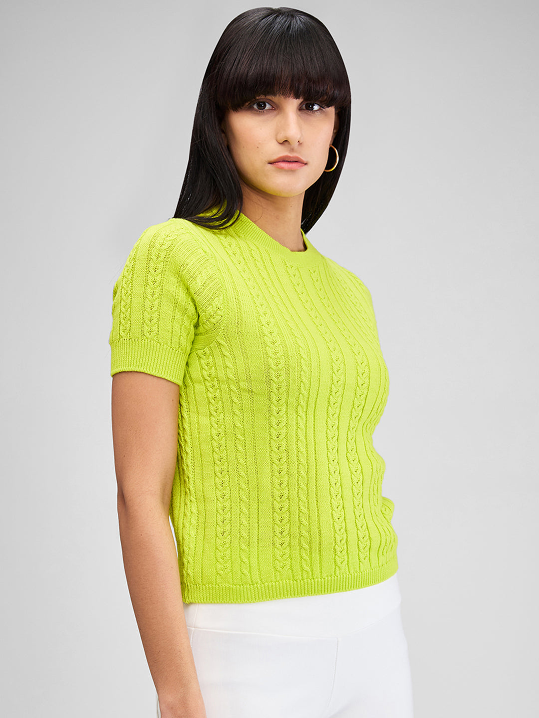 Spykar Yellow Half Sleeves Regular Fit Solid Sweater For Women