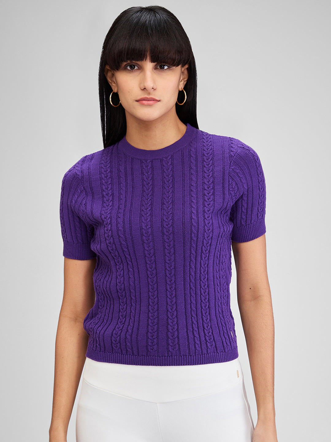 Spykar Purple Half Sleeves Regular Fit Solid Sweater For Women