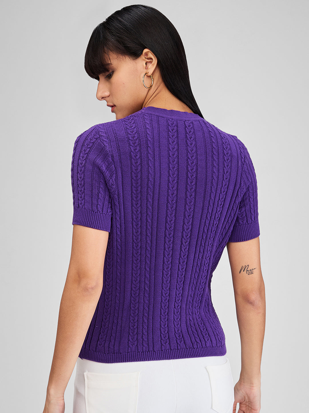 Spykar Purple Half Sleeves Regular Fit Solid Sweater For Women