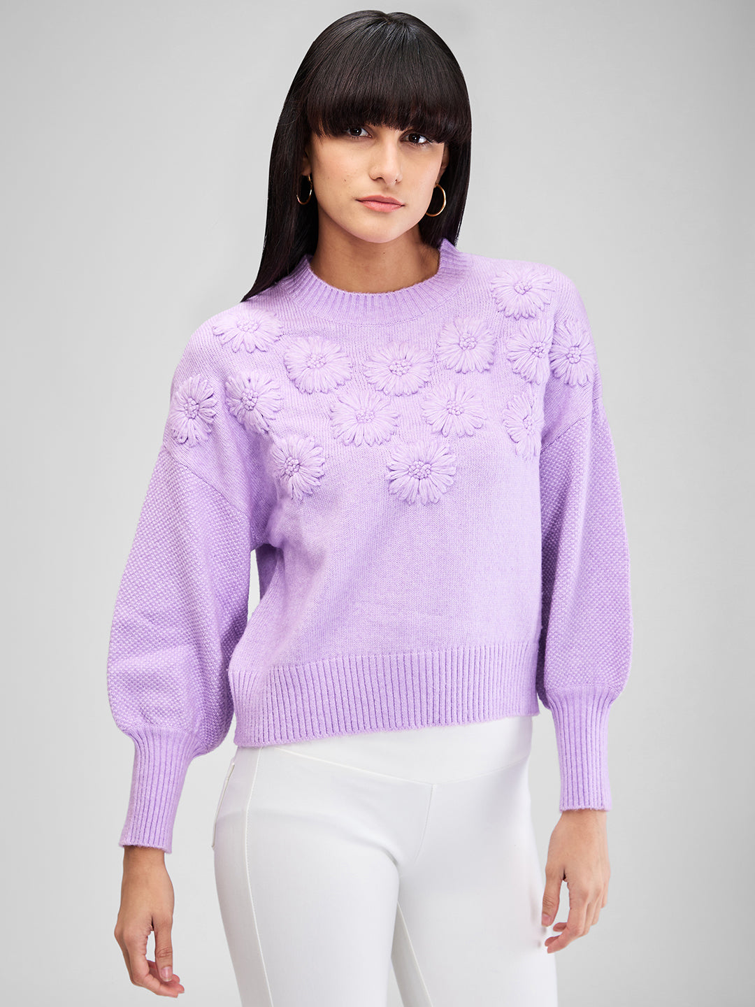 Spykar Purple Full Sleeves Regular Fit Solid Sweater For Women