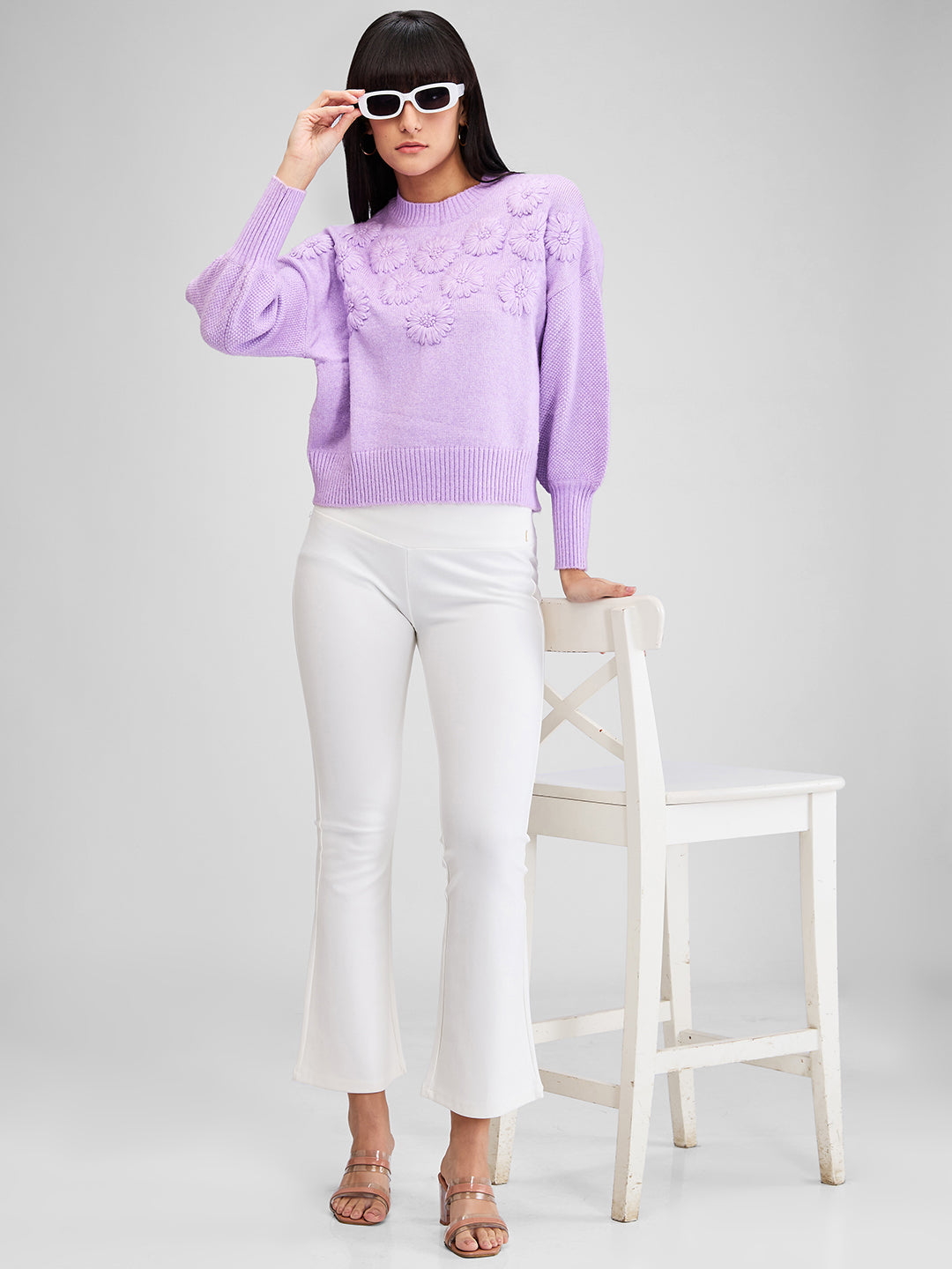 Spykar Purple Full Sleeves Regular Fit Solid Sweater For Women