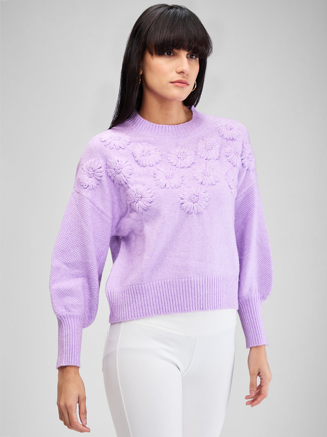 Spykar Purple Full Sleeves Regular Fit Solid Sweater For Women