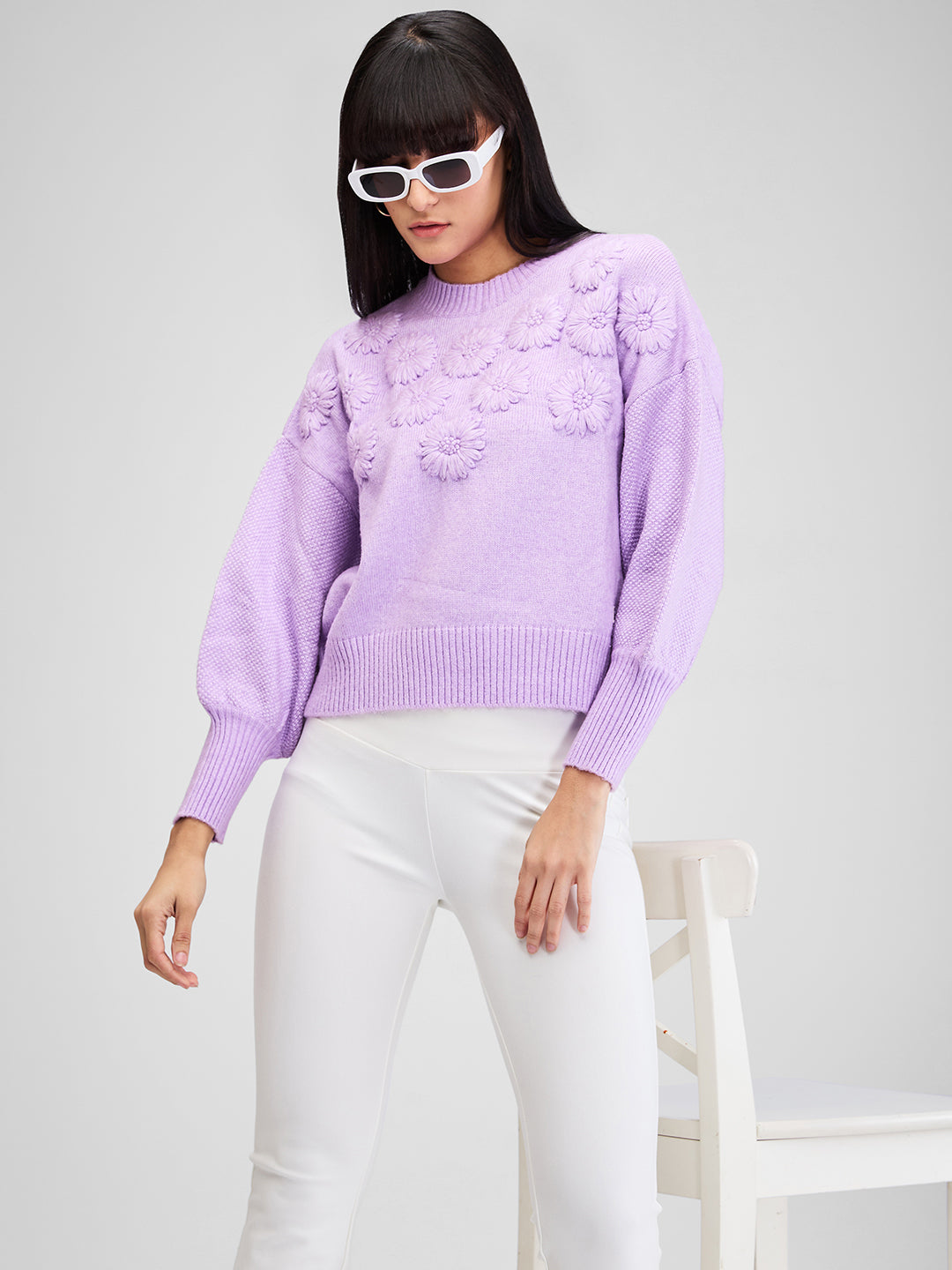 Spykar Purple Full Sleeves Regular Fit Solid Sweater For Women