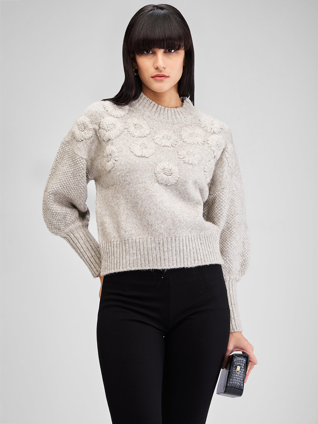 Spykar Gray Full Sleeves Regular Fit Solid Sweater For Women