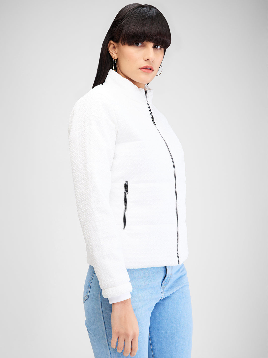 Spykar White Full Sleeves Solid Jacket For Women