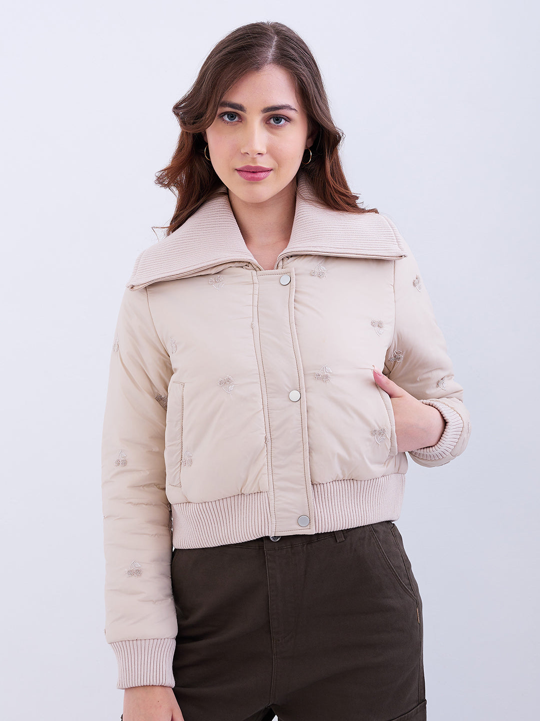 Women Jacket Beige Regular Fit