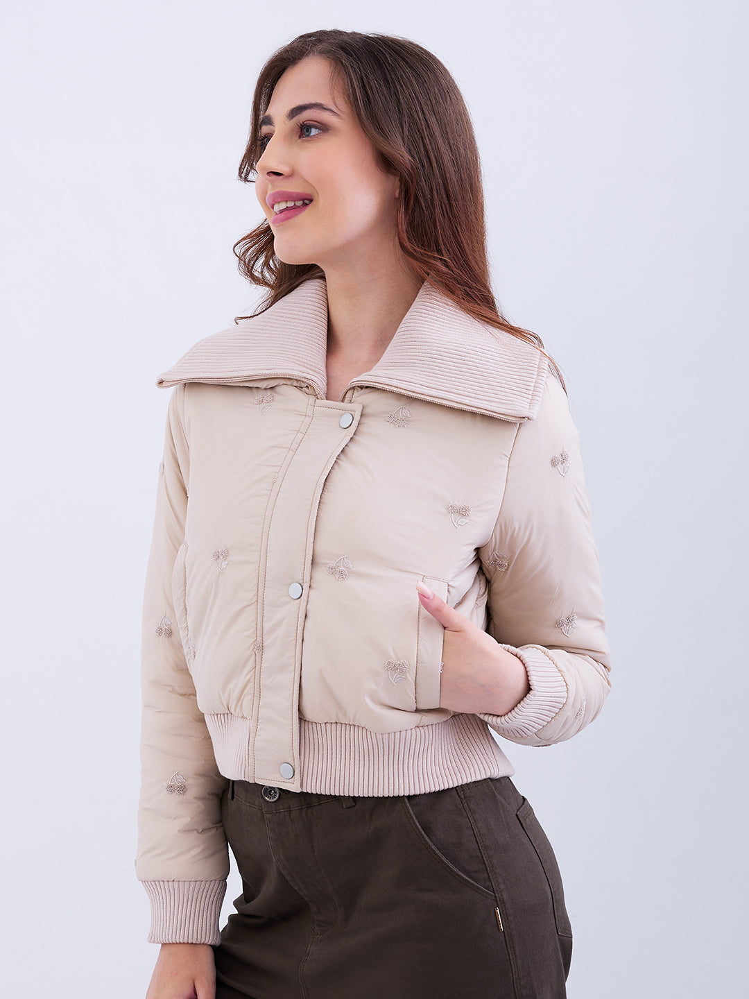 Women Jacket Beige Regular Fit