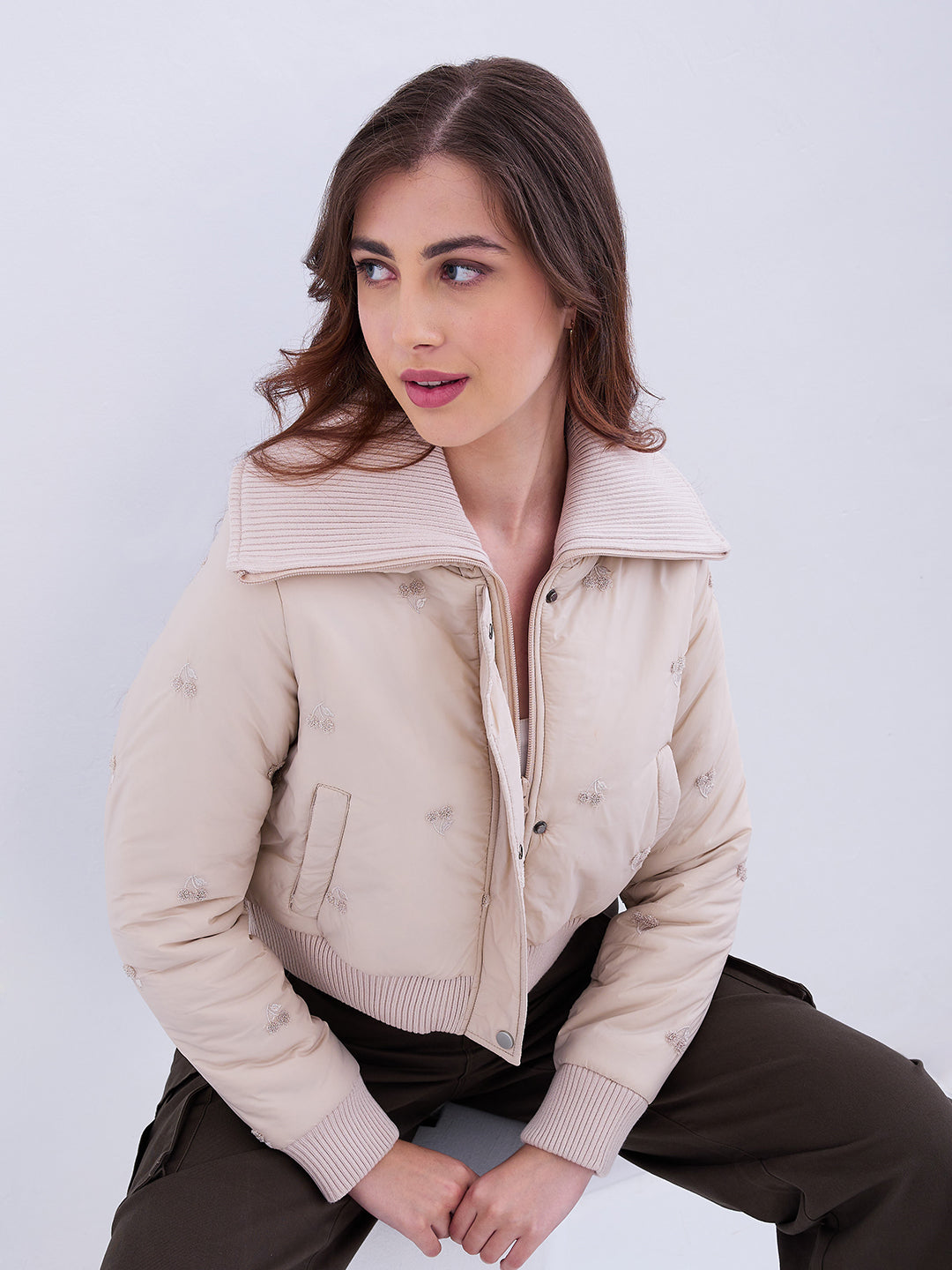 Women Jacket Beige Regular Fit