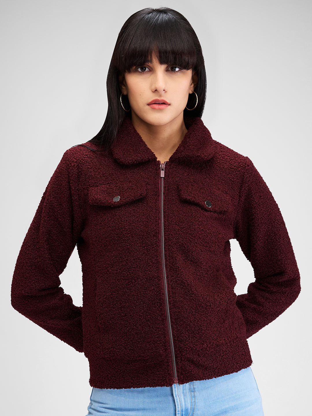 Spykar Red Full Sleeves Solid Jacket For Women