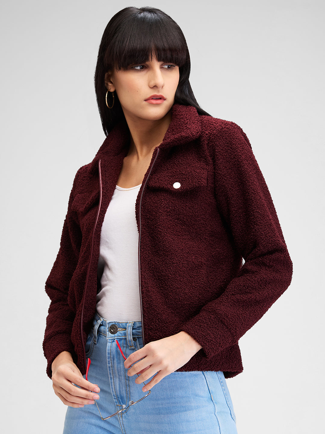 Spykar Red Full Sleeves Solid Jacket For Women