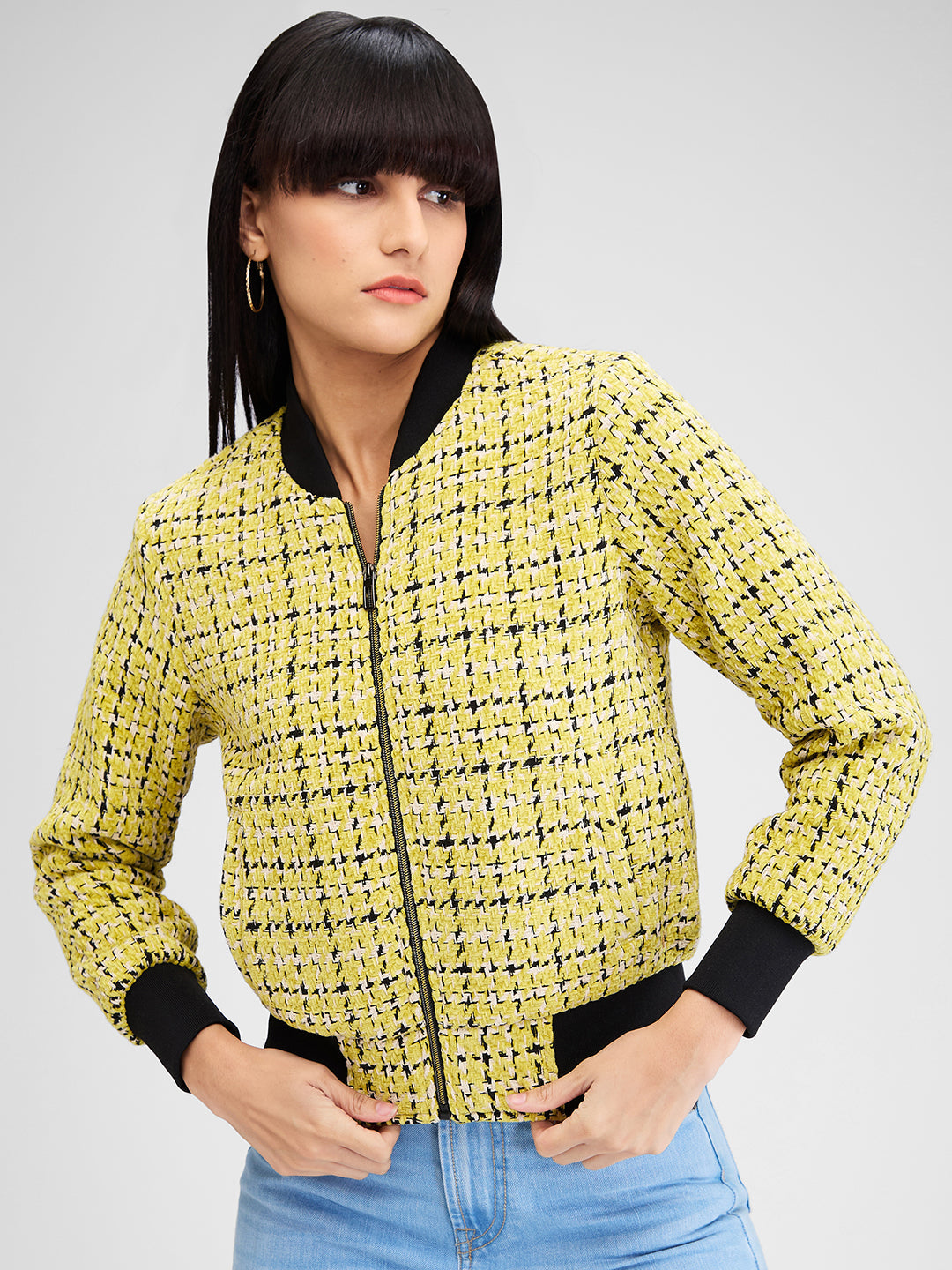 Spykar Yellow Full Sleeves Checks Jacket For Women