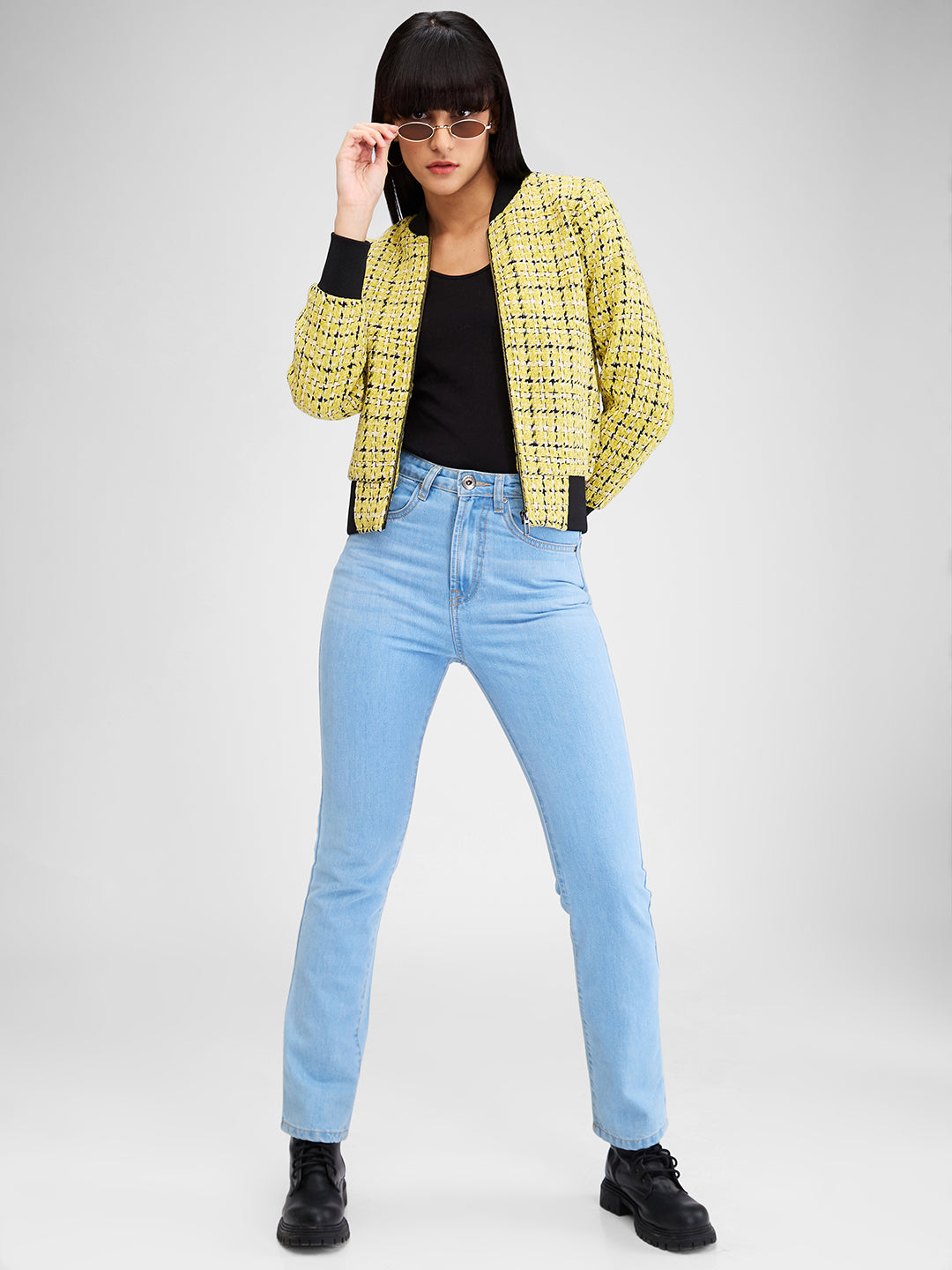 Spykar Yellow Full Sleeves Checks Jacket For Women